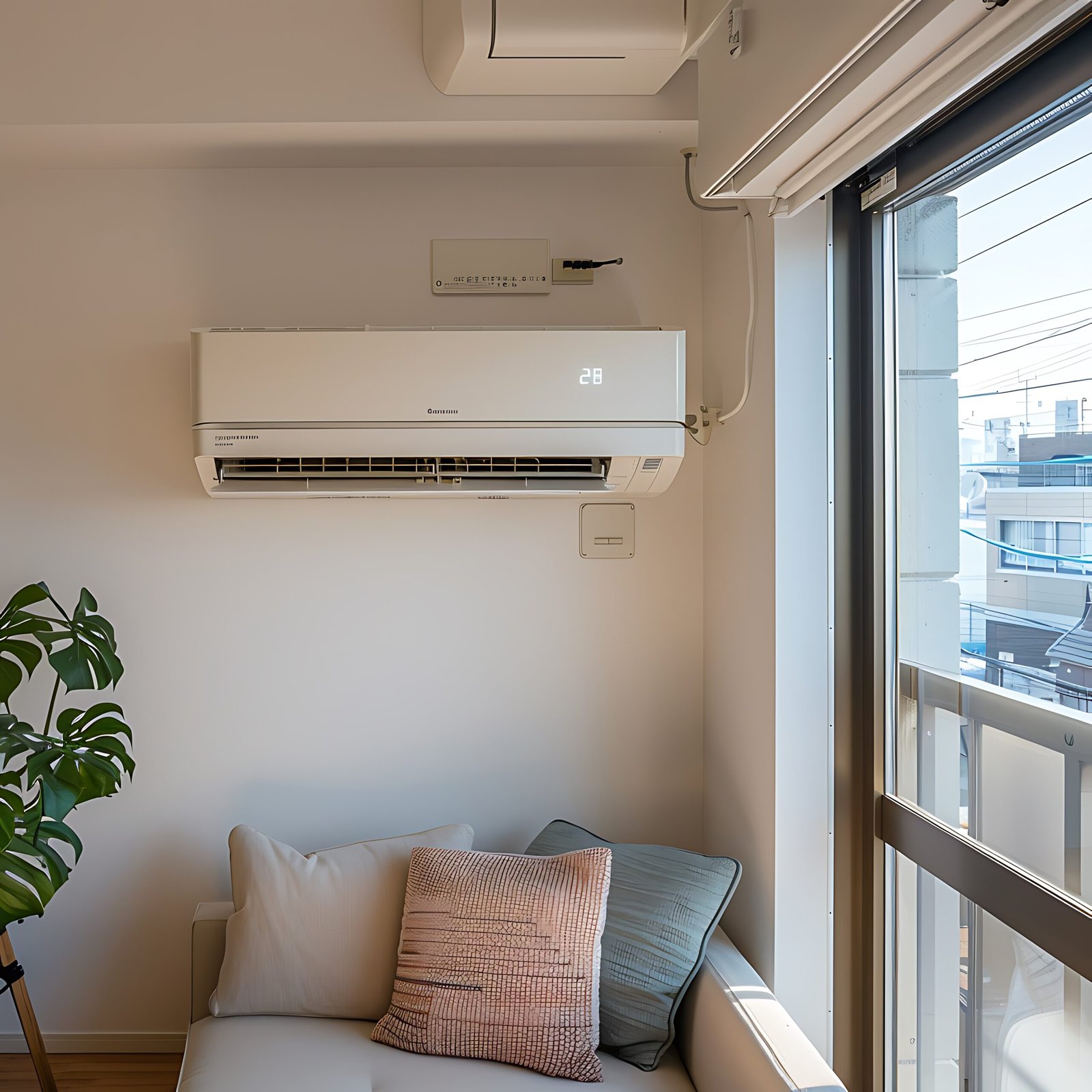 there is white couch with pink pillow plant front window scaled